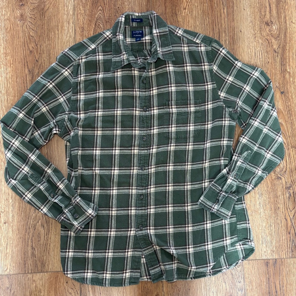 J Crew Classic Fit Flannel‎ Button Down  Shirt Green Plaid 100% Cotton Mens L